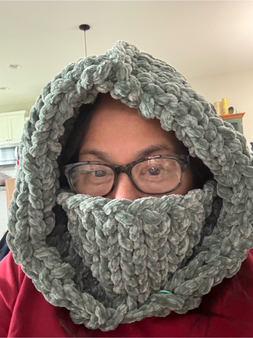 Chunky Hand Knit Hooded Cowl - Gray
